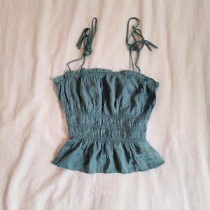 Dynamite Teal Smocked Peplum Tie-Strap Tank